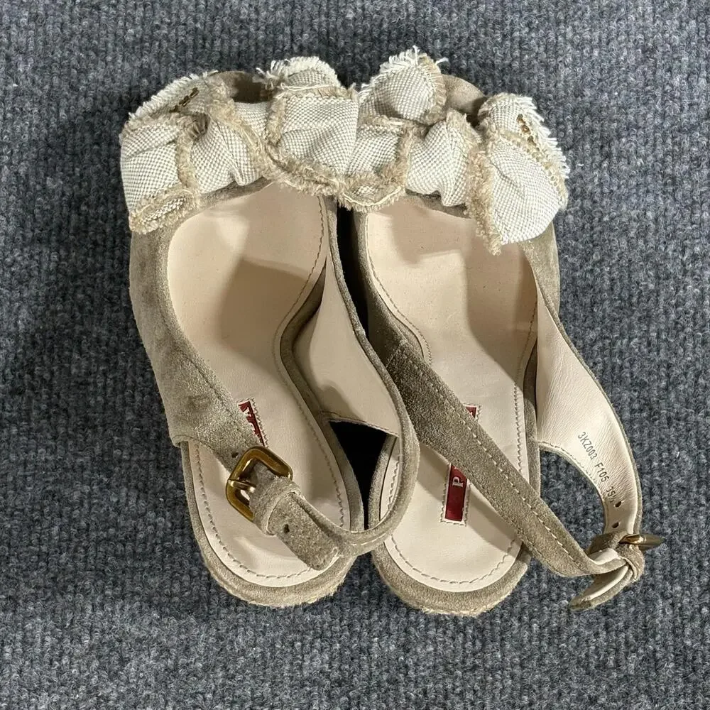 Prada Wedge Sandals Womens 5.5 Beige Espadrille Bow Peep Toe Suede Canvas